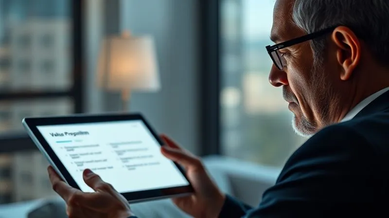 Photorealistic image of a client looking at a sleek, minimalist presentation slide on a tablet, their face illuminated by the screen, showing a thoughtful and impressed expression. The slide displays a clear, concise value proposition with key benefits highlighted. Cinematic lighting, sharp focus on the tablet and client's face, depth of field blurring the background. 8K hyper-detailed, professional photography, shot on a high-end DSLR.