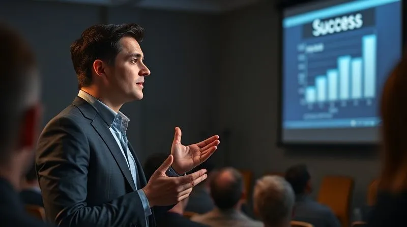 Photorealistic image of a confident freelance designer, dressed professionally, making eye contact and gesturing towards a projected presentation slide on a wall. The slide shows a compelling chart or a success metric. Cinematic lighting with a soft glow on the presenter, sharp focus on their face and hands, depth of field blurring the audience slightly. 8K hyper-detailed, professional photography, shot on a high-end DSLR.