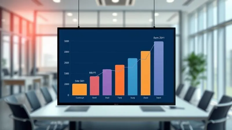 A photorealistic image of a sleek, modern presentation slide displaying a dynamic 3D bar chart showing significant business growth over time, with clear, concise labels and a professional color palette. The chart is sharp and easy to read, framed by a minimalist design. Cinematic lighting, sharp focus on the chart, depth of field subtly blurring a surrounding office environment. 8K hyper-detailed, professional photography.