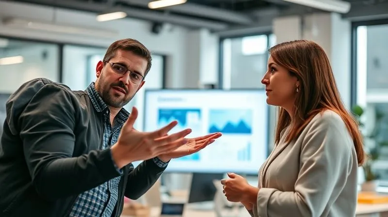 Photorealistic image of a freelance designer actively engaging with a client during a presentation, using open hand gestures while explaining a concept on a screen. The client is leaning forward, captivated, with a thoughtful expression. The setting is a modern, bright office. Cinematic lighting, sharp focus on the interaction and expressions, depth of field blurring the background. 8K hyper-detailed, professional photography, shot on a high-end DSLR.