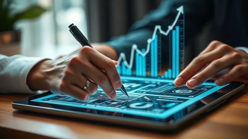 A photorealistic close-up of a designer's hands sketching on a tablet, with business metrics and growth charts subtly overlaid in a futuristic, holographic style. Emphasize the strategic thinking behind the creative process. 8K, cinematic lighting, sharp focus, depth of field, professional photography.