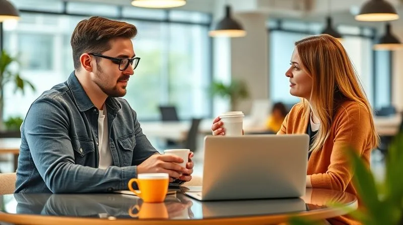 A photorealistic image of a professional designer and a client having a relaxed but focused conversation over coffee in a bright, modern co-working space, discussing design ideas on a laptop. Emphasize genuine connection and collaboration. 8K, cinematic lighting, sharp focus, depth of field, professional photography.