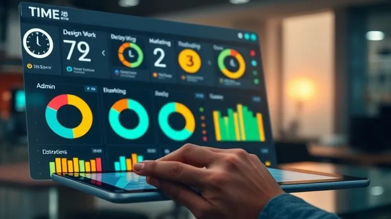 photorealistic, professional photography, 8K, cinematic lighting, sharp focus, depth of field, shot on a high-end DSLR. A detailed, illuminated digital dashboard showing time tracking data with categories like 'Design Work', 'Admin', 'Marketing', and 'Distractions', represented by glowing pie charts and bar graphs. A hand hovers over a tablet, analyzing the data, with a focused expression. The background is a slightly blurred, modern office setting.