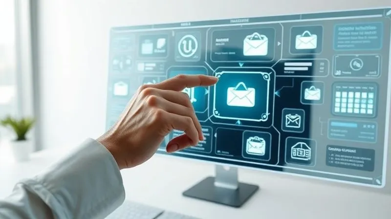 photorealistic, professional photography, 8K, cinematic lighting, sharp focus, depth of field, shot on a high-end DSLR. A futuristic control panel with glowing holographic interfaces, showing automated processes like email sequences, invoice generation, and calendar scheduling. A single, stylized hand with a digital glow interacts with the central interface, representing effortless control over a complex system. The background is a clean, minimalist workspace.