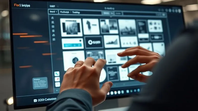 photorealistic, professional photography, 8K, cinematic lighting, sharp focus, depth of field, shot on a high-end DSLR. A designer's hands seamlessly gliding through a digital interface, rapidly assembling a complex design using pre-built templates and components. The screen shows a clean, organized workspace with multiple design elements snapping into place. The background is a blurred, dynamic representation of a fast-paced, efficient workflow, with light trails indicating speed.
