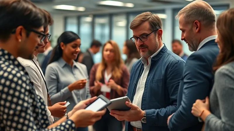 photorealistic, professional photography, 8K, cinematic lighting, sharp focus, depth of field, shot on a high-end DSLR. A diverse group of creative professionals networking at a modern, well-lit conference, engaged in lively discussion and exchanging business cards. In the foreground, a designer is actively taking notes on a tablet, surrounded by subtle digital overlays of growth graphs and expanding networks, symbolizing continuous learning and strategic connection. The atmosphere is vibrant and collaborative.