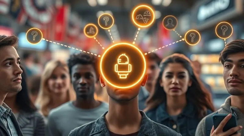 A photorealistic image of a diverse group of individuals, each with a thought bubble above their head displaying a unique problem or aspiration, all subtly connected by glowing lines to a central, luminous digital course icon. The setting is a bustling online marketplace, with blurred background elements suggesting numerous other courses. Cinematic lighting, sharp focus on the central icon and thought bubbles, depth of field, 8K, professional photography, shot on a high-end DSLR.