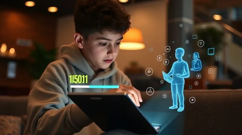 A photorealistic image of a student deeply engaged with a digital course on a tablet, surrounded by interactive elements like glowing progress bars, floating knowledge bubbles, and a subtle holographic projection of a mentor. The environment is modern and inviting, with soft, focused lighting. Sharp focus on the student and tablet, depth of field, 8K, professional photography, shot on a high-end DSLR.