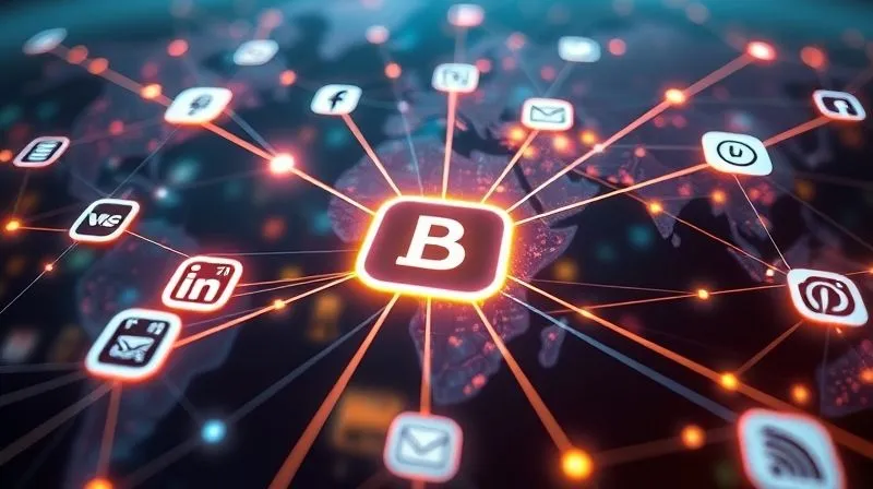 A photorealistic image depicting a complex network of glowing digital lines connecting various icons representing social media, search engines, email, and partnership logos, all converging towards a central, prominent digital course icon. The background is a subtle, blurred depiction of a global digital landscape. Professional photography, 8K, cinematic lighting, sharp focus on the network, depth of field, 8K, shot on a high-end DSLR.