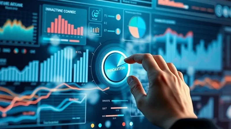 A photorealistic image of a futuristic, transparent digital dashboard displaying real-time analytics, charts, and evolving trends, with a hand subtly adjusting a virtual knob labeled "Innovation." The background shows a dynamic, flowing river of data and ideas, symbolizing continuous change. Professional photography, 8K, cinematic lighting, sharp focus on the dashboard, depth of field, 8K, shot on a high-end DSLR.
