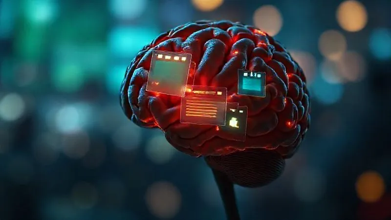 A photorealistic image of a human brain with multiple glowing, overlapping tabs and windows symbolizing multitasking and cognitive overload, set against a blurred, busy background. Cinematic lighting, sharp focus on the brain's struggle, depth of field. 8K hyper-detailed, professional photography.