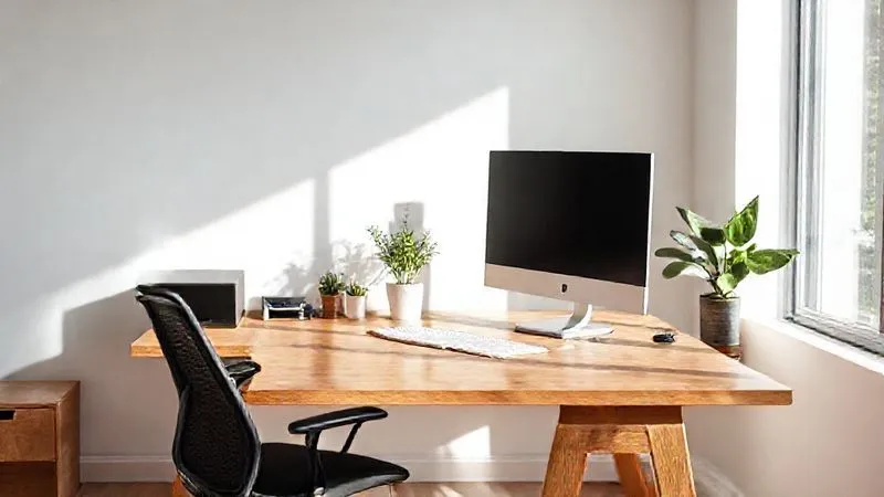 A photorealistic image of a minimalist, modern home office setup. A clean wooden desk with an ergonomic chair, a large monitor at eye level, a small plant, and soft, natural light streaming in. Sharp focus on the organized desk, depth of field blurring the background slightly. 8K hyper-detailed, professional photography.