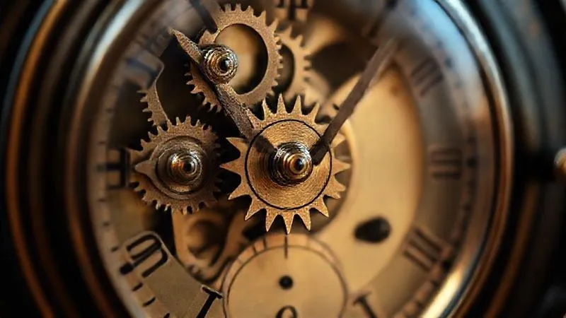 A photorealistic image of a vintage clock mechanism with intricate gears turning smoothly, symbolizing efficient time management and a well-oiled routine. Cinematic lighting, sharp focus on the gears, depth of field. 8K hyper-detailed, professional photography.