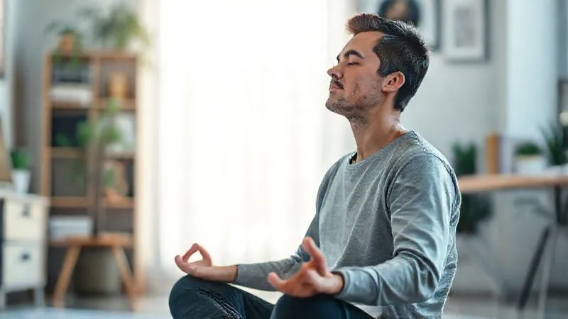 A photorealistic image of a person sitting in a comfortable, bright home office space, meditating calmly with eyes closed, surrounded by soft light. The background is slightly blurred, emphasizing tranquility and mental clarity. Cinematic lighting, sharp focus on the person, depth of field. 8K hyper-detailed, professional photography.