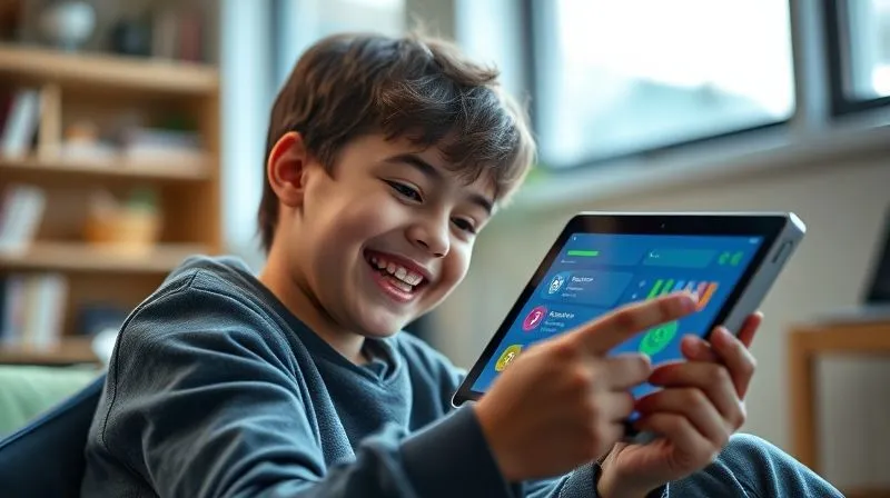 A photorealistic image of a student enthusiastically interacting with a visually engaging online learning platform on a tablet, with gamified elements like progress bars and badges visible, cinematic lighting, sharp focus, depth of field, 8K hyper-detailed.