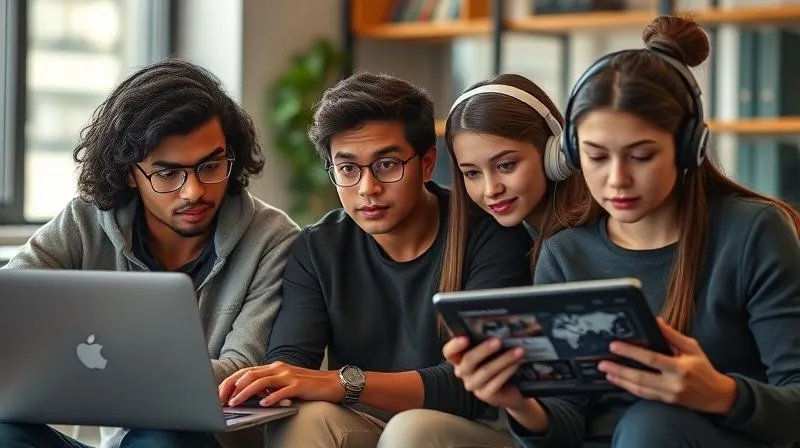 A photorealistic image of a diverse group of students engaged with various forms of digital content: one watching a video on a laptop, another listening to a podcast with headphones, and a third interacting with an infographic on a tablet, all with thoughtful expressions, cinematic lighting, sharp focus, depth of field, 8K hyper-detailed.
