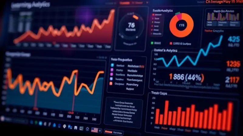 A photorealistic image of a sophisticated learning analytics dashboard showing graphs and data visualizations related to student engagement, with subtle glowing AI elements, cinematic lighting, sharp focus on the data, depth of field, 8K hyper-detailed.