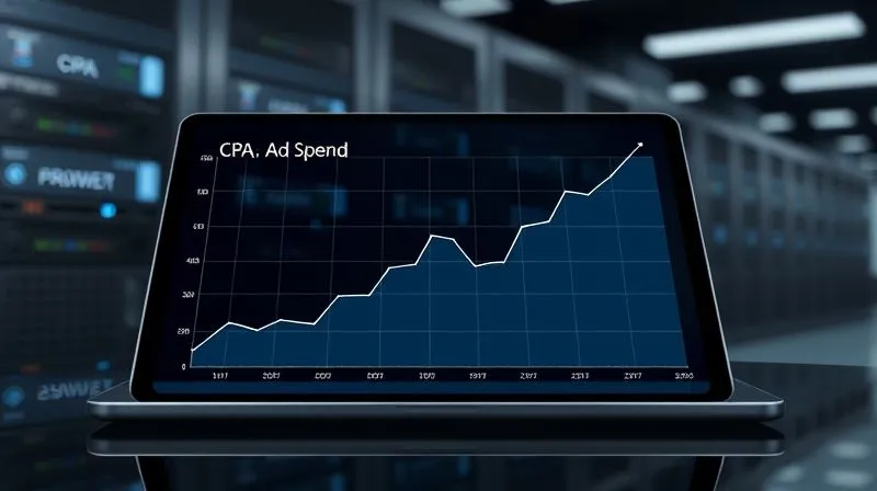 A photorealistic line graph showing 'Ad Spend' on the X-axis and 'CPA' on the Y-axis. Initially, the CPA line is flat or slightly decreasing, then sharply rises as Ad Spend increases. The graph is displayed on a sleek, futuristic tablet, with data points highlighted. Cinematic lighting, sharp focus on the graph, depth of field blurring a subtle background of server racks. 8K hyper-detailed, professional photography, shot on a high-end DSLR.