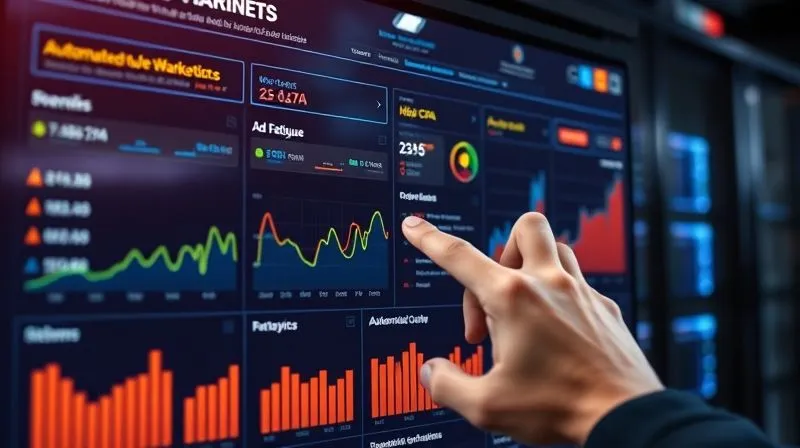 A photorealistic digital dashboard displaying real-time marketing analytics with flashing alerts for 'High CPA' and 'Ad Fatigue'. The dashboard is sleek and futuristic, with vibrant data visualizations. A hand points to a section showing automated rules being triggered. Cinematic lighting, sharp focus on the dashboard, depth of field blurring the background of a modern data center. 8K hyper-detailed, professional photography, shot on a high-end DSLR.