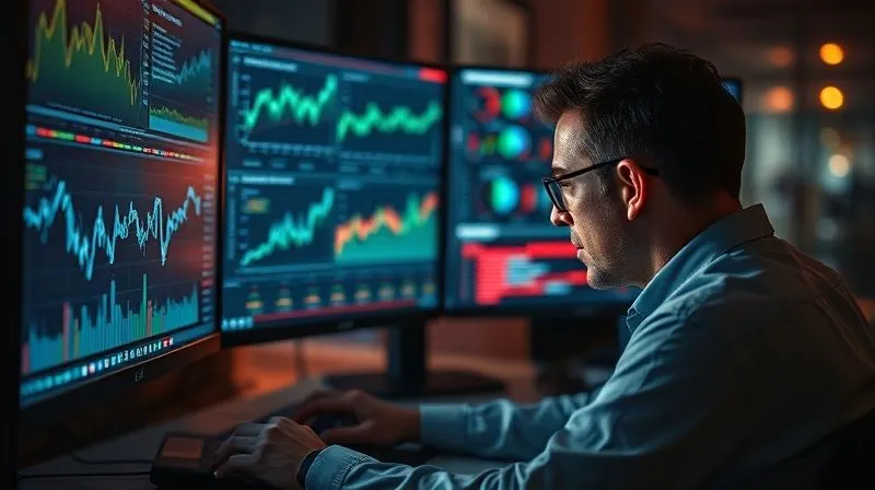 A photorealistic image of a data analyst intently examining complex graphs and charts on multiple computer screens, with glowing data visualizations, cinematic lighting creating a focused atmosphere, sharp focus on the screens, depth of field blurring the background, 8K hyper-detailed, shot on a high-end DSLR, professional photography.