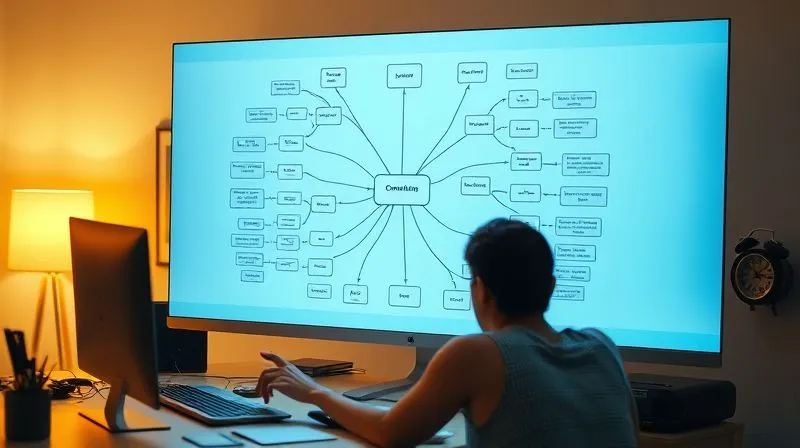 Photorealistic image of a complex flowchart or mind map on a transparent screen, overlaid on a focused freelancer's desk, illustrating optimized workflow and automated tasks, cinematic lighting, 8K, sharp focus.