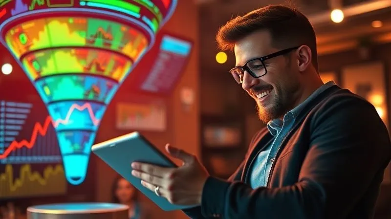 A photorealistic, vibrant digital marketing funnel glowing with data points, showing an influx of qualified leads, set against a backdrop of a happy, relaxed freelancer checking analytics on a tablet, 8K, cinematic lighting.