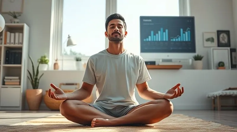 Photorealistic image of a freelancer meditating peacefully in a sunlit, minimalist home office, with a subtle digital interface showing balanced work metrics in the background, conveying mental clarity and sustainable productivity. 8K, cinematic lighting, sharp focus.