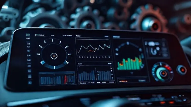 A photorealistic, professional photography image of a sleek, modern digital dashboard displaying various metrics and workflow automation charts, with gears smoothly interlocking in the background, symbolizing efficiency and control. 8K, cinematic lighting, sharp focus on the dashboard, depth of field blurring the background, shot on a high-end DSLR.