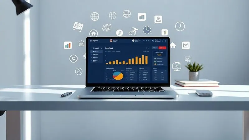 A photorealistic image of a sleek, modern desk with a laptop displaying a project management dashboard, surrounded by various digital tools icons floating above the screen, representing automation and efficiency. The lighting is bright and clean, with a focus on organized workflow.