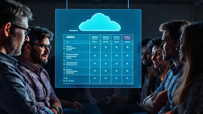 A photorealistic image of a diverse group of people, developers and business owners, gathered around a holographic projection displaying a comparison chart of different cloud providers (AWS, Azure, GCP, DigitalOcean), with various metrics like cost, services, and reliability highlighted. Cinematic lighting, sharp focus on the projection and the thoughtful faces, 8K hyper-detailed.