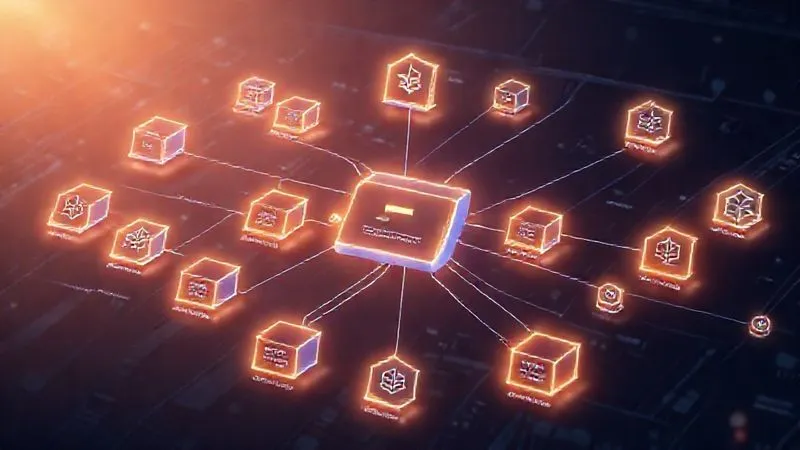 A photorealistic diagram of a modern microservices architecture, with distinct, glowing service blocks interconnected by data streams, surrounded by container icons (Docker) and an orchestration layer (Kubernetes). The image should convey complexity managed with elegance, with cinematic lighting highlighting the flow of information, 8K hyper-detailed.