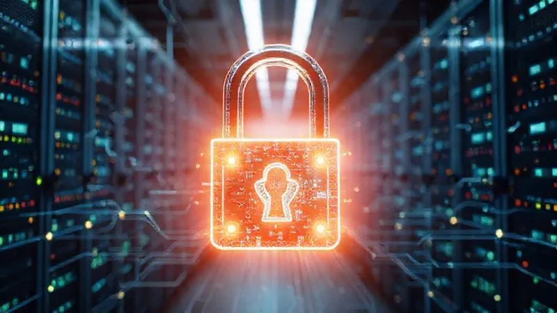 A photorealistic, professional photography, 8K, cinematic lighting, sharp focus, depth of field shot on a high-end DSLR of a digital padlock glowing with security symbols, superimposed over a complex network of cloud servers and data streams. The image conveys a sense of robust protection and vigilance in a dynamic, scalable environment. The background is a subtle, futuristic data center.