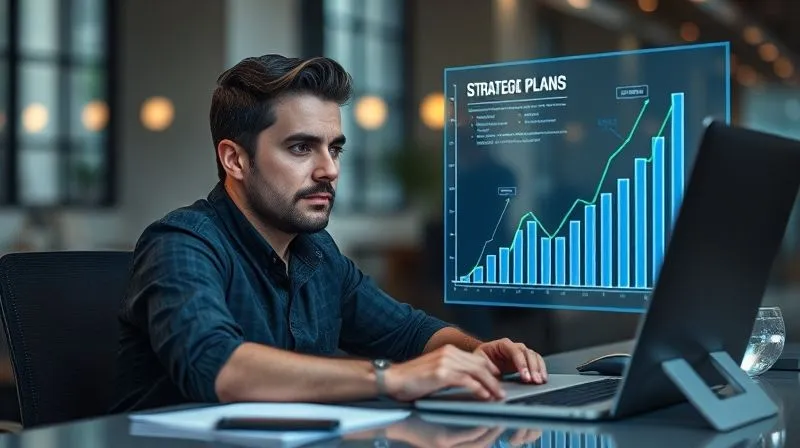 A photorealistic image of a freelancer sitting at a desk, looking confidently at a holographic projection showing a growth chart and strategic plans. The freelancer has a determined expression. Cinematic lighting, sharp focus, depth of field blurring the background, 8K hyper-detailed, shot on a high-end DSLR.