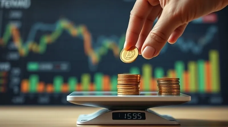 A photorealistic image of a freelancer's hand placing a golden coin (symbolizing high value) on a digital scale, balancing against a stack of smaller coins (symbolizing low-value hourly work). The background is a blurred financial dashboard. Cinematic lighting, sharp focus, depth of field, 8K hyper-detailed, shot on a high-end DSLR.