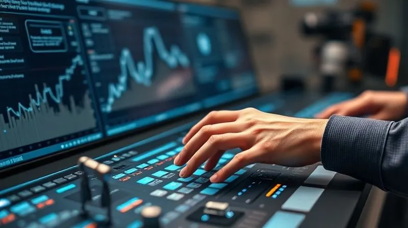 A photorealistic image of a freelancer's hands orchestrating a complex digital dashboard, with small robots (representing automation) performing repetitive tasks in the background. The freelancer looks calm and in control. Cinematic lighting, sharp focus on the hands, depth of field blurring the background, 8K hyper-detailed, shot on a high-end DSLR.