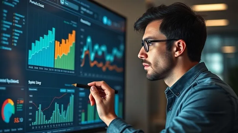A photorealistic image of a freelancer looking intently at a dashboard on a large monitor, displaying various data points, charts, and graphs related to business performance. The freelancer is holding a stylus, ready to make adjustments. Cinematic lighting, sharp focus on the screen and freelancer's face, depth of field, 8K hyper-detailed, shot on a high-end DSLR.