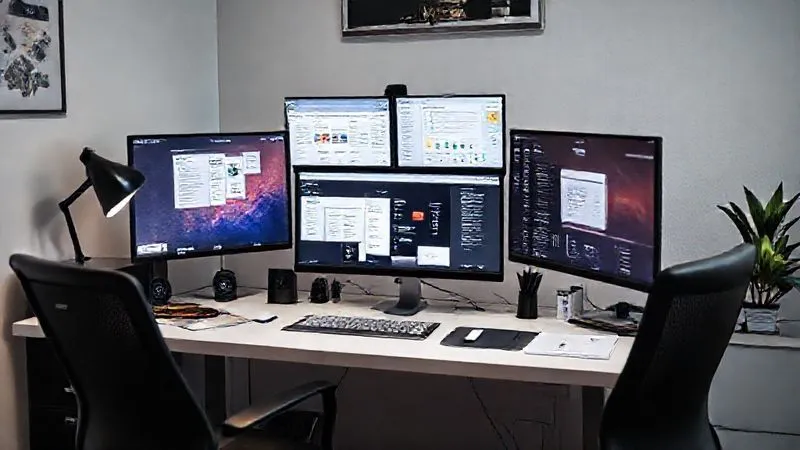 A photorealistic image of a sleek, modern desk setup with multiple screens displaying various productivity apps (CRM, project management, calendar), surrounded by an organized, minimalist environment. The focus is on efficiency and technology enabling a freelancer's workflow. Cinematic lighting, sharp focus, depth of field, 8K hyper-detailed, shot on a high-end DSLR.