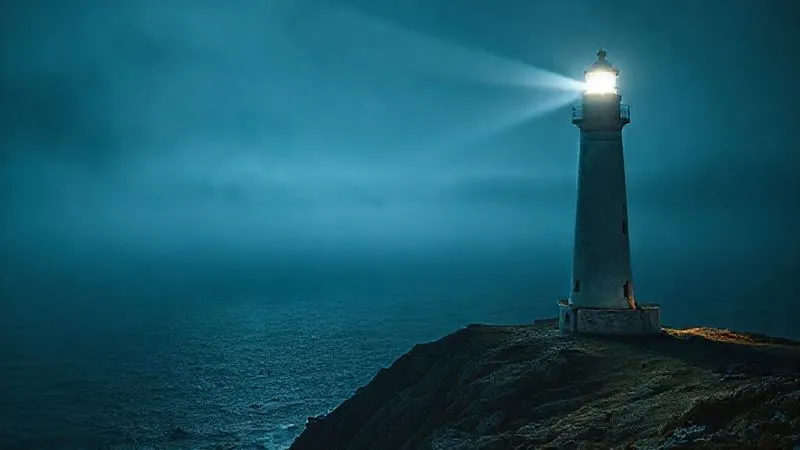 A photorealistic image of a single, towering lighthouse standing firm and bright on a rugged coastline, its beam cutting through a misty night. In the distance, a vast, open ocean symbolizes broad opportunities, but the lighthouse represents a clear, focused specialization. Cinematic lighting, sharp focus on the lighthouse, depth of field blurring the background, 8K hyper-detailed, shot on a high-end DSLR.