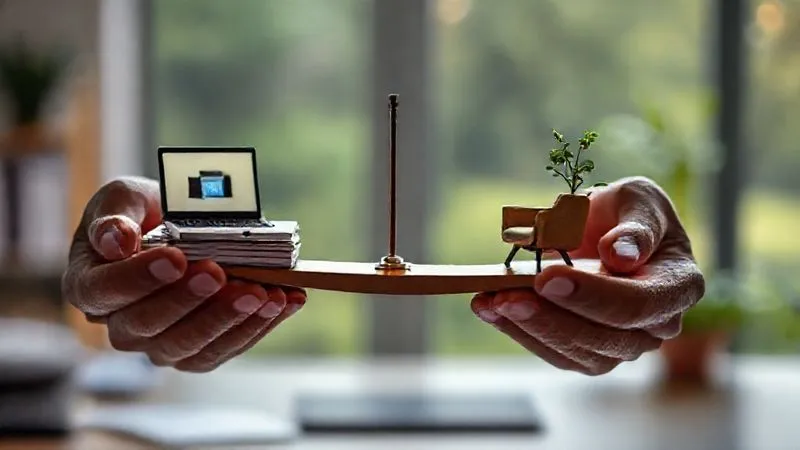 A photorealistic image of a person's hands holding a perfectly balanced set of scales. On one side, a miniature, glowing laptop and a stack of business cards. On the other side, a small, vibrant plant and a tiny, comfortable armchair. The background is a soft, blurred blend of a home office and a serene outdoor park, symbolizing work-life integration. Cinematic lighting, sharp focus on the scales, depth of field, 8K hyper-detailed, shot on a high-end DSLR.