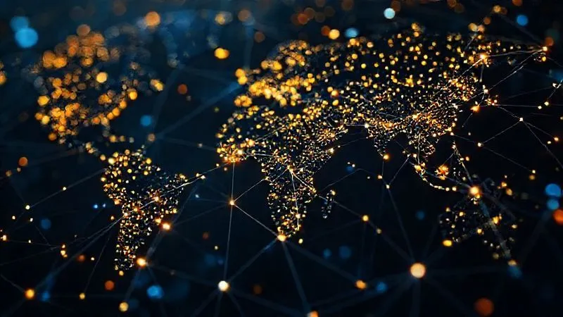 A photorealistic intricate network of glowing data points and lines, representing global market trends and emerging technologies, with some nodes shining brighter to indicate high demand. Cinematic lighting, sharp focus, depth of field, 8K hyper-detailed, professional photography, shot on a high-end DSLR.