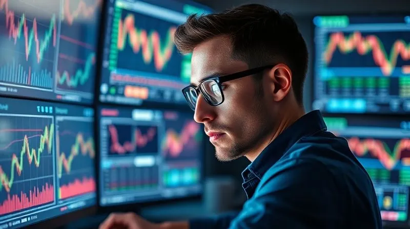 A photorealistic image of a person (gender-neutral) meticulously analyzing market data on multiple screens, surrounded by charts and graphs, with a focused and determined expression. Cinematic lighting highlights the data, sharp focus on the individual, depth of field blurring the background. 8K hyper-detailed, professional photography, shot on a high-end DSLR.