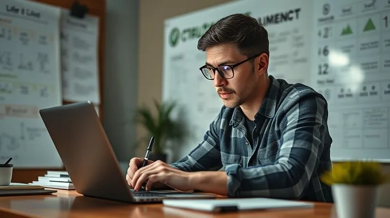 A photorealistic image of a freelancer (gender-neutral) creating content, perhaps writing on a laptop with a focused expression, surrounded by a whiteboard with ideas, charts, and a visible brand logo. Cinematic lighting, sharp focus on the individual and their creative process, depth of field blurring the background. 8K hyper-detailed, professional photography, shot on a high-end DSLR.