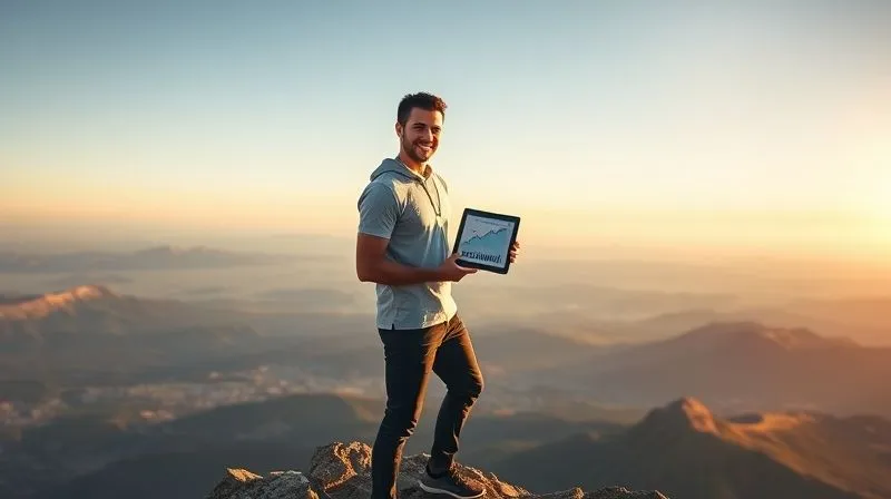A photorealistic image of a freelancer (gender-neutral) standing confidently at the top of a mountain, overlooking a vast landscape, symbolizing growth and achievement. They are holding a tablet with a successful business graph. Cinematic lighting, sharp focus on the individual, depth of field blurring the distant landscape. 8K hyper-detailed, professional photography, shot on a high-end DSLR.
