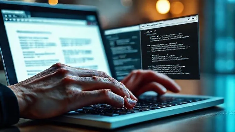 A photorealistic, professional photography of a person’s hands typing on a laptop, with a blurred background showing multiple browser tabs open with keyword research tools, cinematic lighting, sharp focus on the keyboard, depth of field, 8K hyper-detailed.
