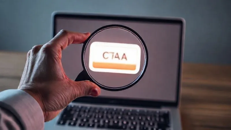 A photorealistic, professional photography image of a person holding a magnifying glass over a laptop screen displaying a compelling call-to-action button, with a subtle glow around the button, cinematic lighting, sharp focus on the CTA, depth of field, 8K hyper-detailed.
