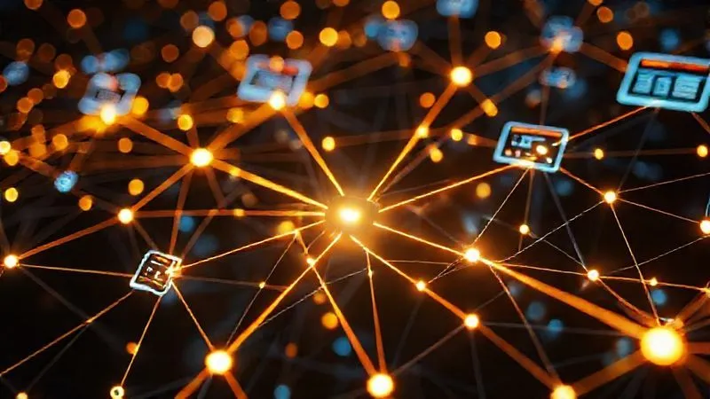 A photorealistic, professional photography of a complex network of glowing lines connecting various digital devices and web pages, symbolizing internal and external linking strategies, with a central node brightly lit, cinematic lighting, sharp focus on the network, depth of field, 8K hyper-detailed.