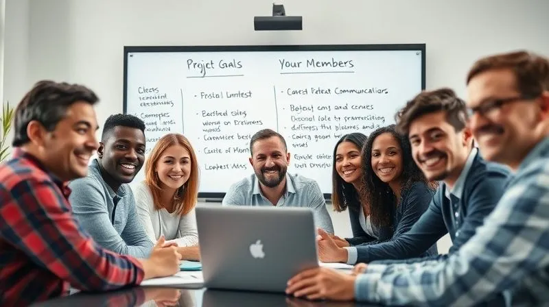 A photorealistic image of a diverse group of remote team members participating in a video conference call, all smiling and actively engaged, with a whiteboard in the background displaying clear project goals and transparent communication flow. Cinematic lighting, sharp focus on the team members, depth of field blurring the background, 8K hyper-detailed, shot on a high-end DSLR.