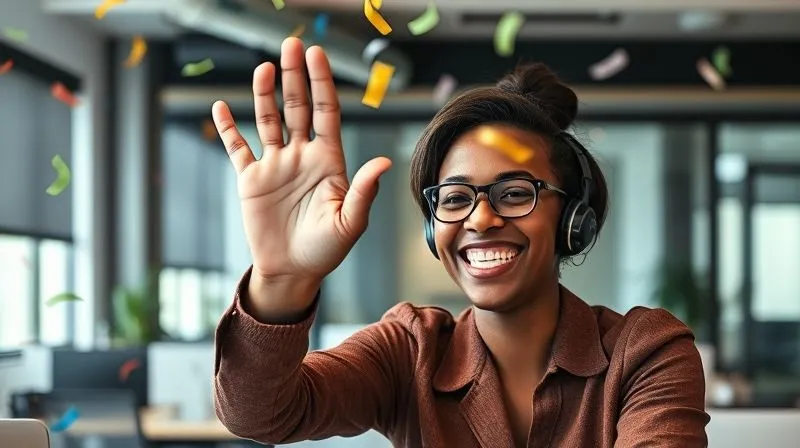 A photorealistic image of a team leader giving a virtual 'high five' to a remote freelancer on a video call, with a celebratory confetti graphic subtly in the background. The freelancer is smiling brightly, feeling appreciated. Cinematic lighting, sharp focus on the interaction, depth of field blurring the office background, 8K hyper-detailed, shot on a high-end DSLR.