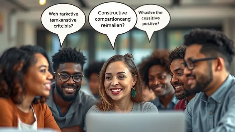 A photorealistic image of a diverse group of remote freelancers engaged in a virtual feedback session, with thought bubbles above their heads showing constructive criticism and positive reinforcement. The atmosphere is collaborative and open. Cinematic lighting, sharp focus on the faces, depth of field blurring the virtual background, 8K hyper-detailed, shot on a high-end DSLR.