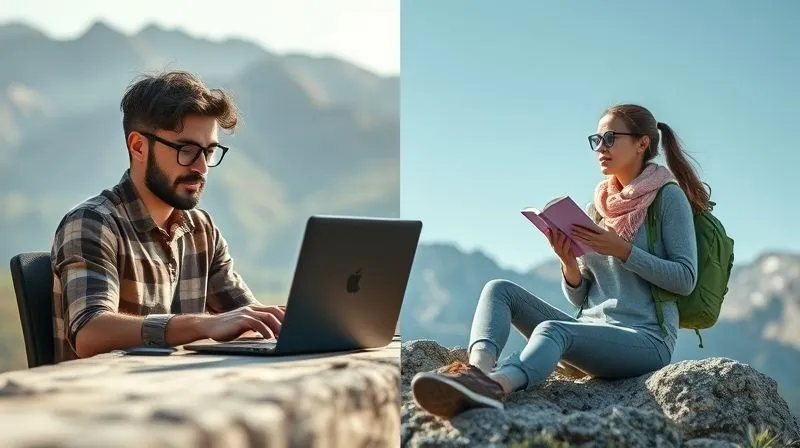 A photorealistic image depicting a balanced scene: on one side, a remote freelancer efficiently working on a laptop; on the other, the same freelancer enjoying a leisure activity like hiking or reading, symbolizing work-life balance. The image is split down the middle but flows harmoniously. Cinematic lighting, sharp focus on both sides, depth of field subtly blending the halves, 8K hyper-detailed, shot on a high-end DSLR.
